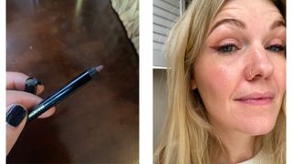 On the left, a close-up of Digital Beauty Editor, Fiona McKim holding the Victoria Beckham Beauty Satin Kajal Eyeliner in shade Orchid and on the right, a picture of Fiona wearing the liner and mascara