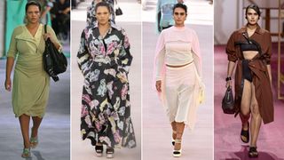 a collage of the models Alva Claire and Jill Kortleve walking in the Burberry, Chanel, and Hermes shows, where they were often the only curve models