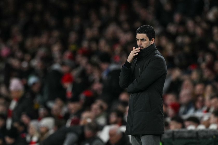 Arsenal manager Mikel Arteta monitors his players during the English FA Cup fourth round football match between Arsenal and Wigan Athletic at the Emirates Stadium in London on February 15, 2026.