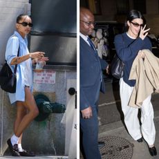 side by side image of celebrities zoe kravitz and kendall jenner wearing fall basics with loafers