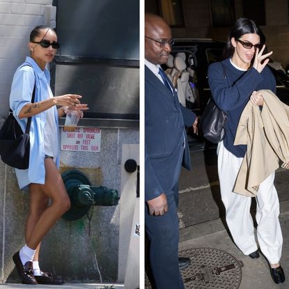 side by side image of celebrities zoe kravitz and kendall jenner wearing fall basics with loafers