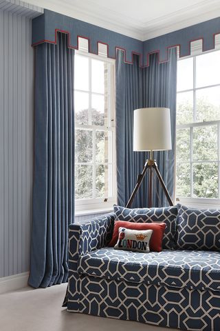 blue living room with curtains