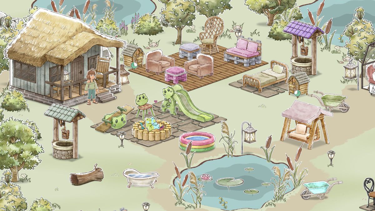 The wetlands you restore covered in frog-themed furniture in Kamaeru: A Frog Refuge