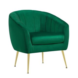 A round green accent chair with gold legs