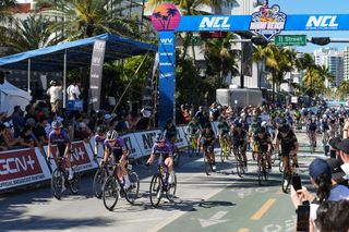 The women's field rolls from the starting line at the 2023 Miami Inventional, the inaugural National Cycling League.