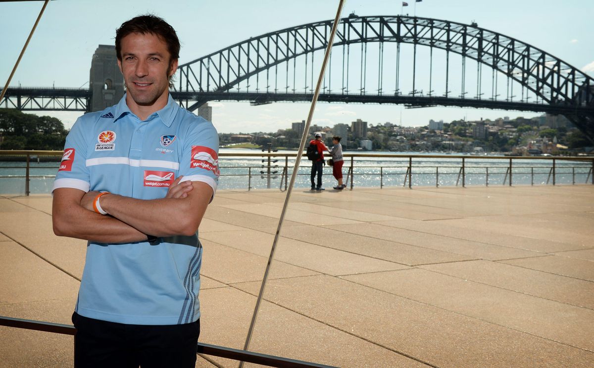 Alessandro Del Piero poses in front of the Sydney Harbour Bridge after signing for Sydney FC, 2013