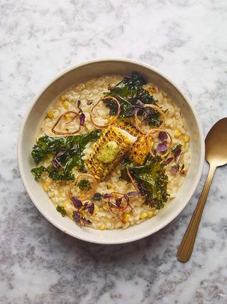 a bowl of The Hot and Sour Sweetcorn Risotto from Jikoni's