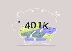 A piggy bank filled with colorful stacks of currency represent the importance of saving for retirement through 401k plans
