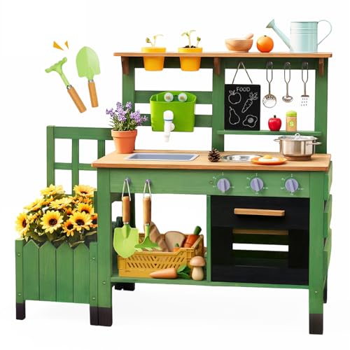 Mud Kitchen for Kids Outdoor, Vintage Mud Kitchen With Planter Box - Includes Rich Gardening Tools &amp;amp; Cooking Accessories, Wooden Kids Play Kitchen With Faucet, Stove, Sink, Oven, Flowerpots