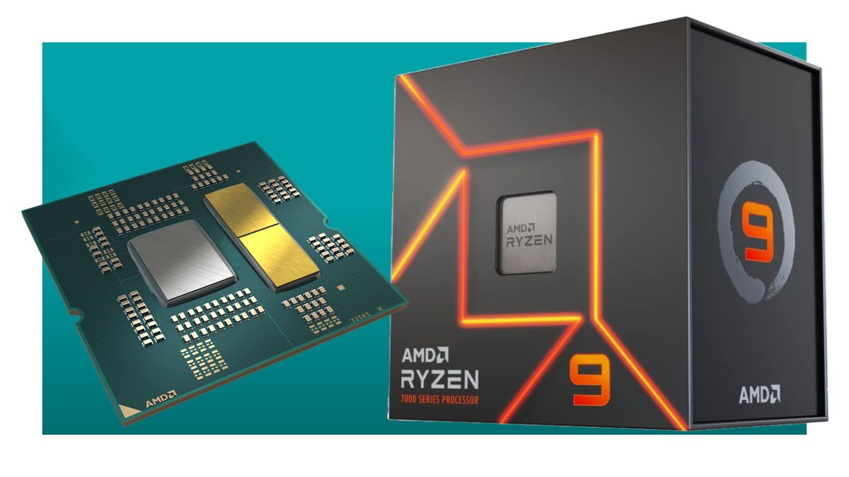 AMD Ryzen 9 retail box with Zen 4 CPU minus its heatspreader against a teal background, with a white border