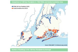 Areas flooded by Sandy (red) far exceeded the flood plain delineated on FEMA's flood maps. These maps had been digitized in 2007, but the underlying data had not been updated since 1983.