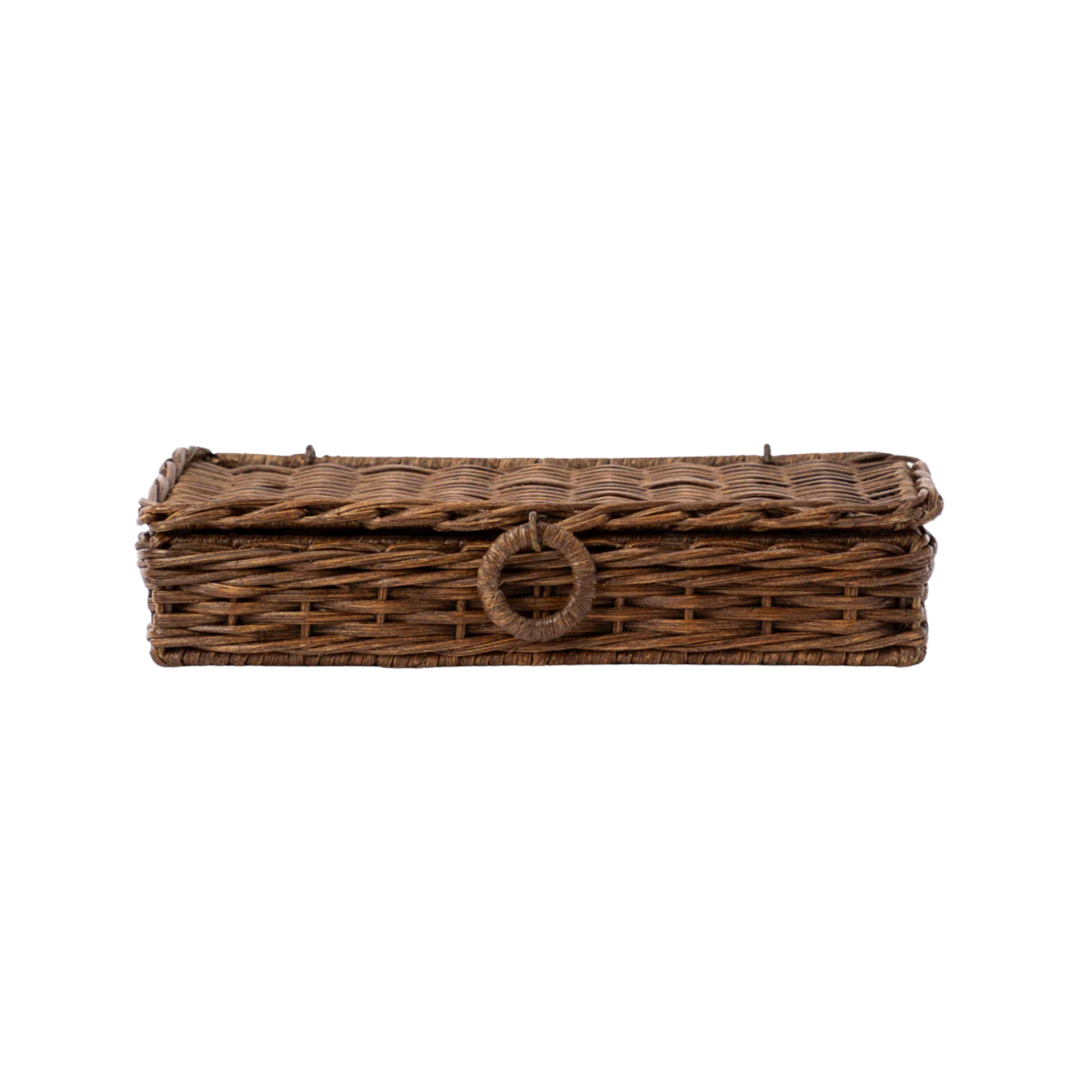 a wicker box with a ring closure detail