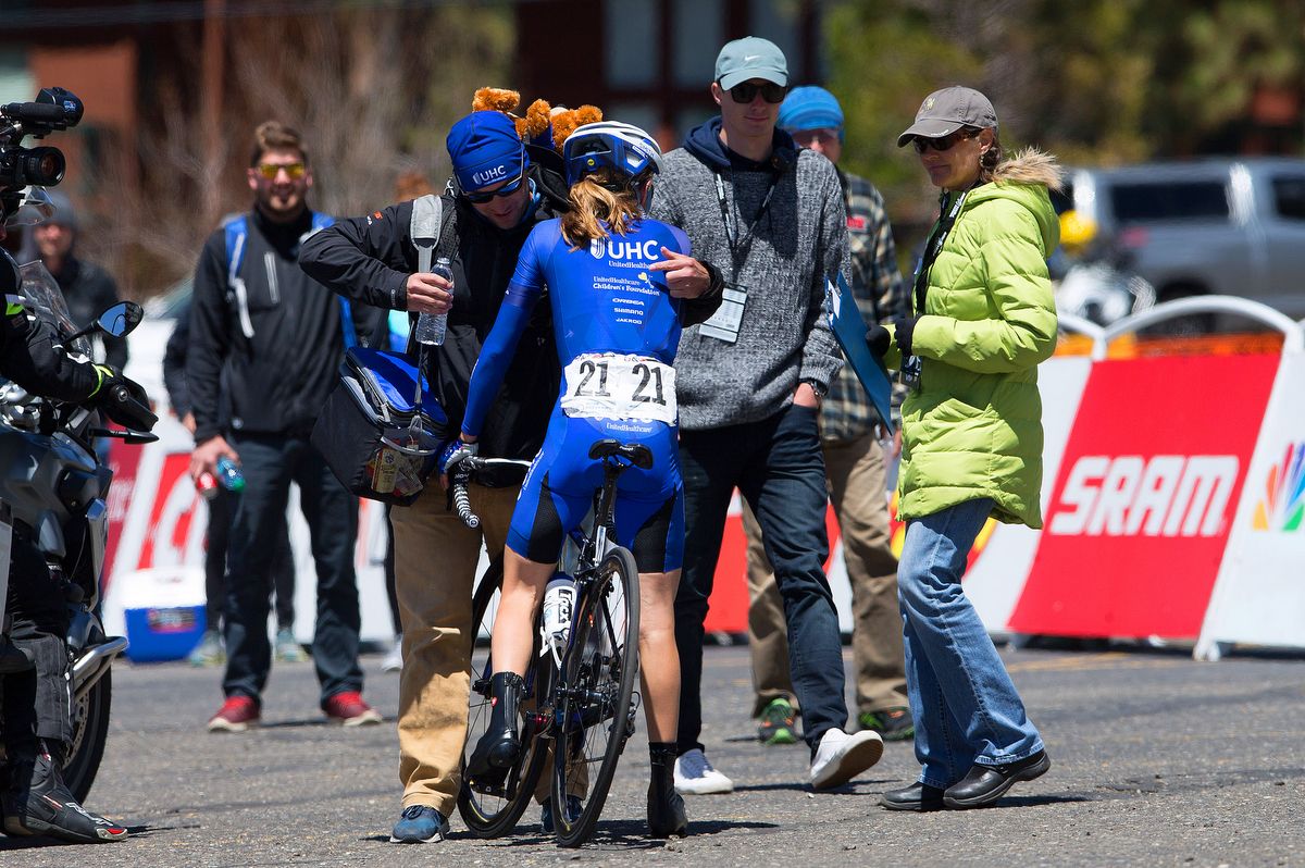 Katie Hall celebrates post stage