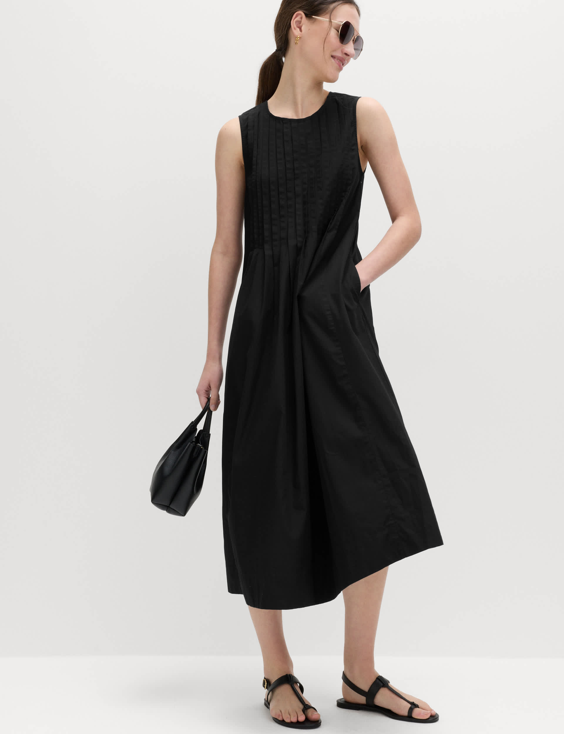Pure Cotton Pintuck Midi Casual Dress