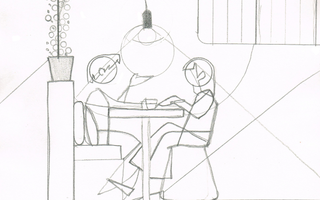 sketch of two people sitting at a table