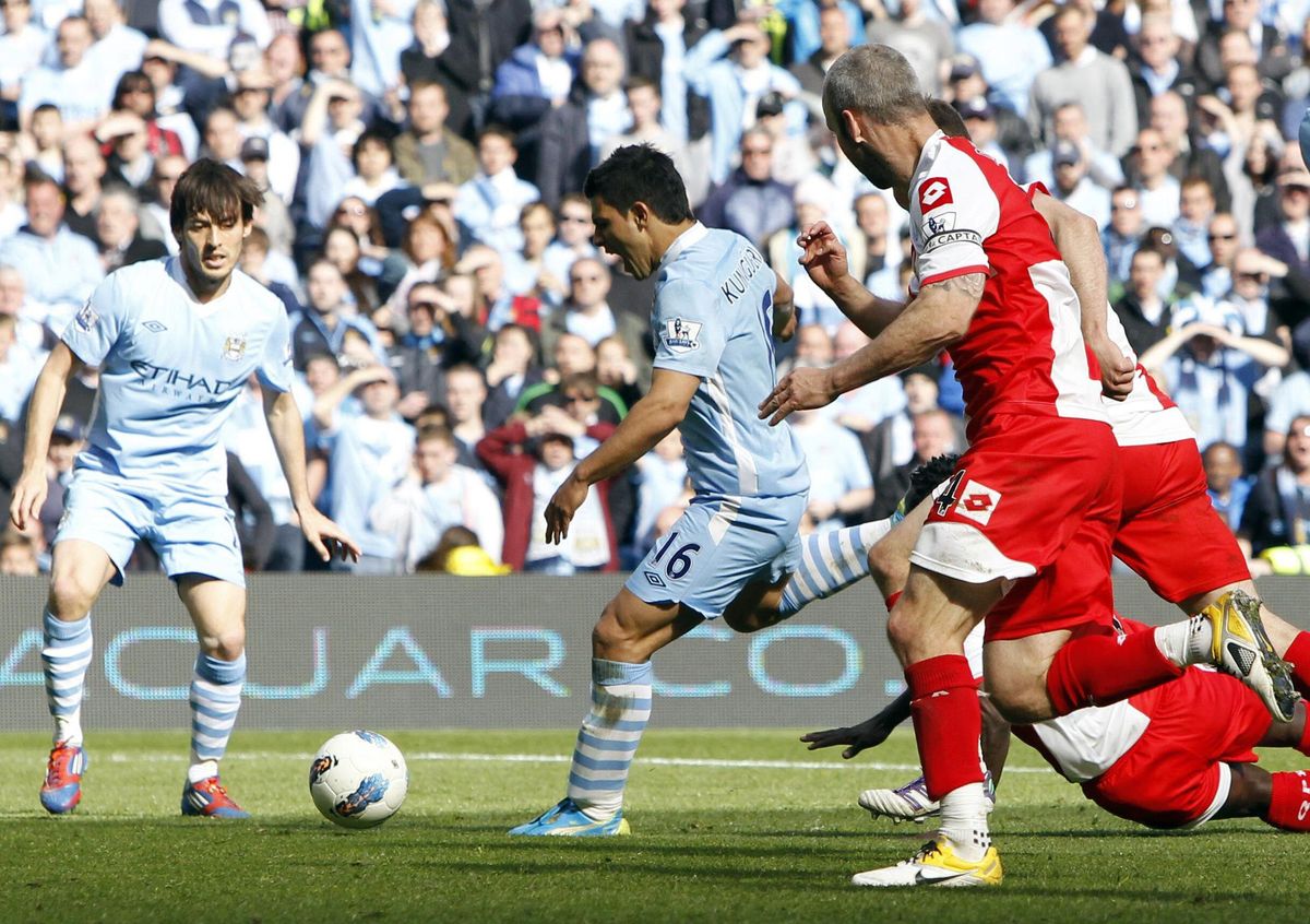 Sergio Aguero scores the match-winning, title-securing goal for Manchester City against QPR in injury time on the final day of the 2011/12 Premier League season at the Etihad Stadium, Manchester