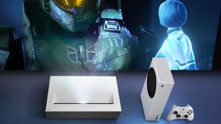 An LG projector with an Xbox Series S playing Halo