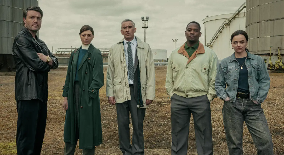 Tom Burke as Guy, Jasmine Blackborow as Erin, Steve Coogan as Don, Aml Ameen as Bailey, Hayley Squires as Kate, in Legends.