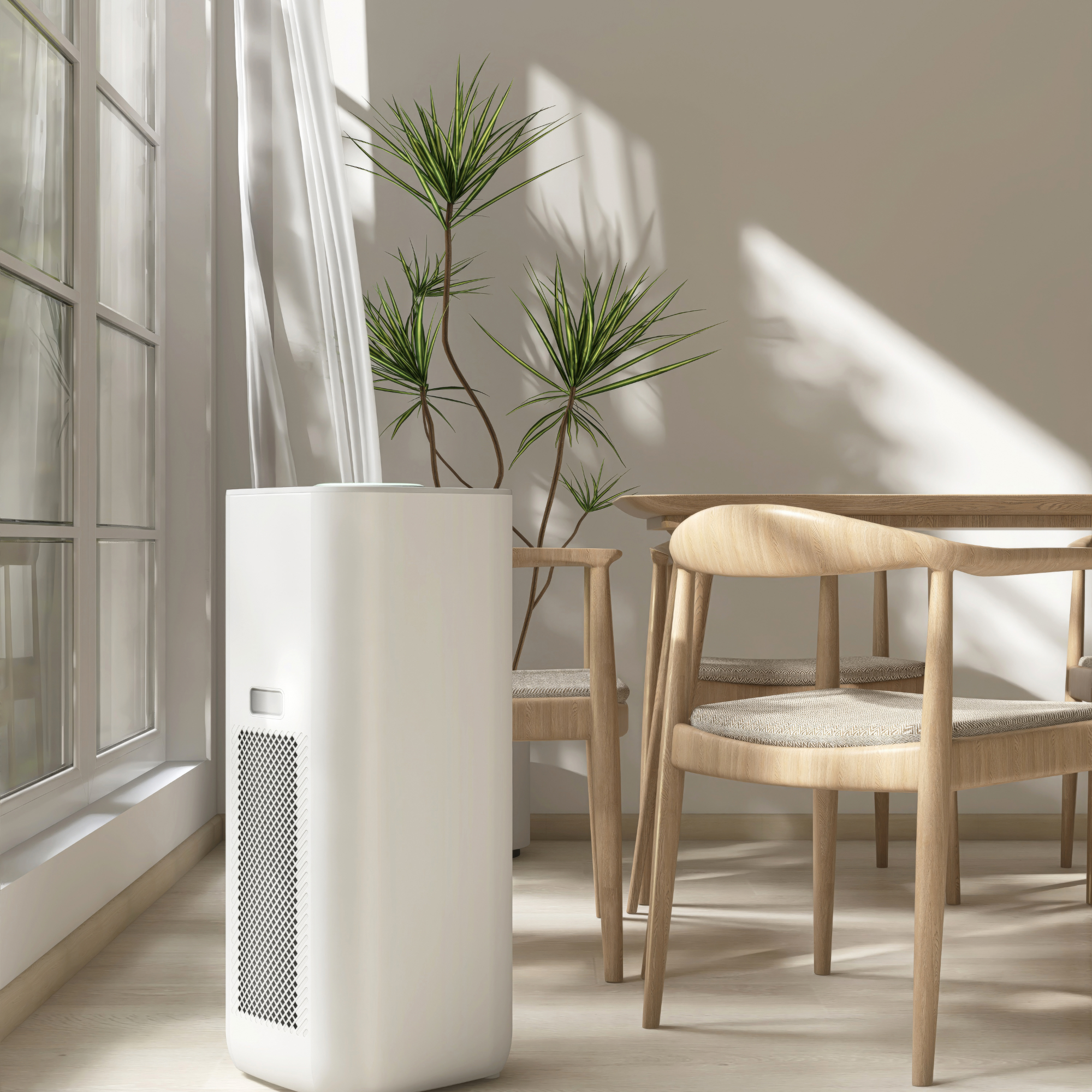 air purifier placed directly in front of window, next to dining table and plant