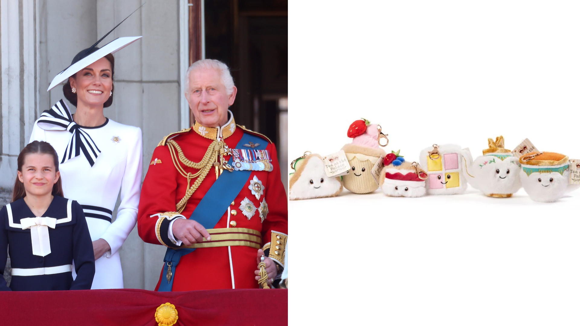 Princess Charlotte wears a navy dress with white accents, while mom Princess Kate wears a white dress with a navy bow, and King Charles wears red military uniform