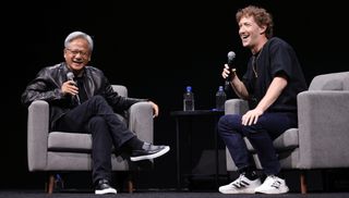 Nvidia CEO Jensen Huang speaking with Meta CEO Mark Zuckerberg on a stage