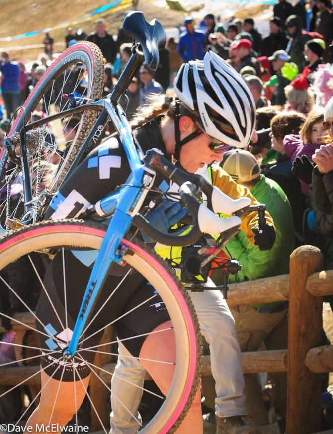 Katie Compton (Trek Cyclocross Collective) on a stairs with a significant lead on lap two