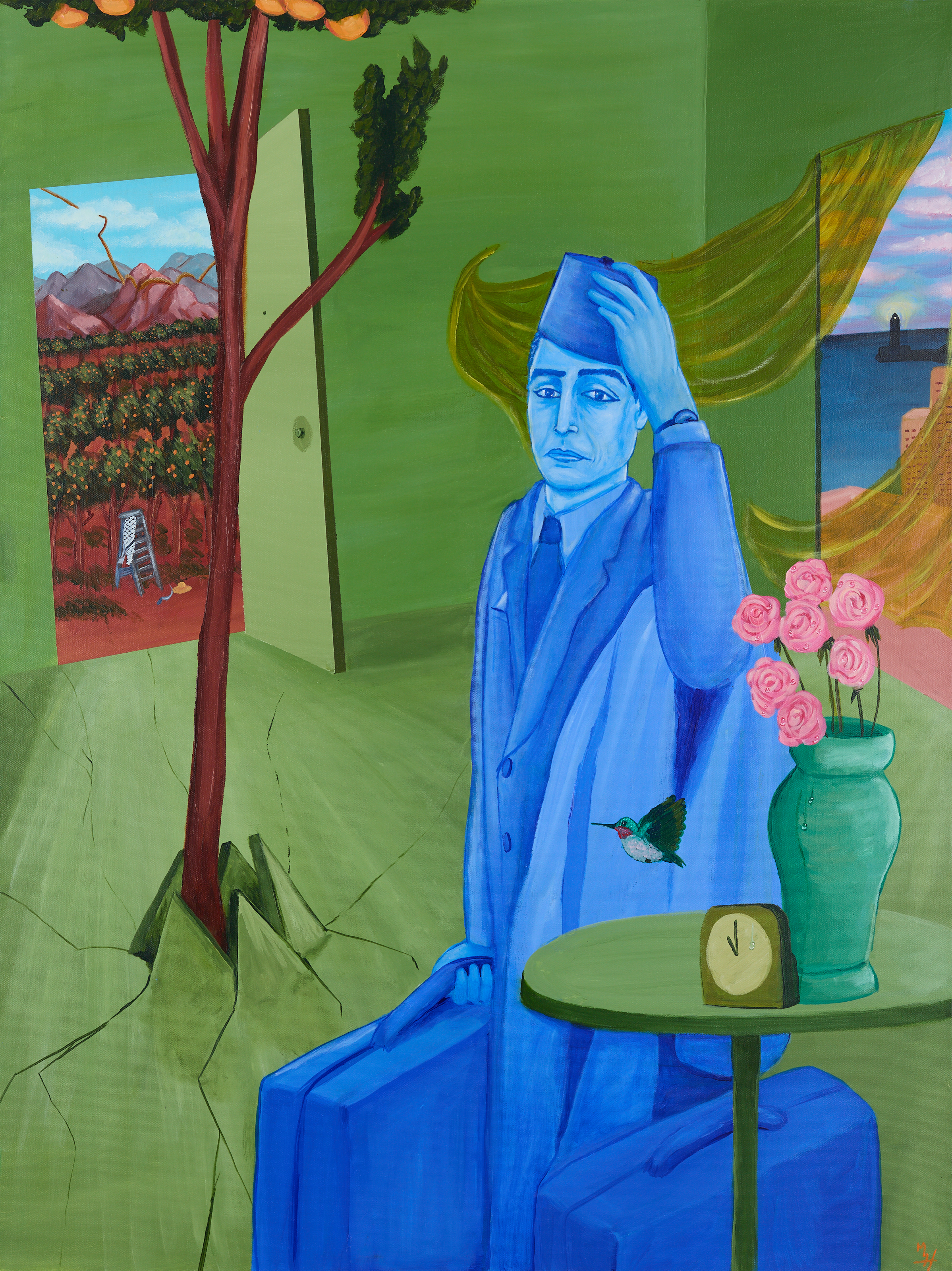 painting of blue man with suitcases and a hat, leaving home with cracked floor