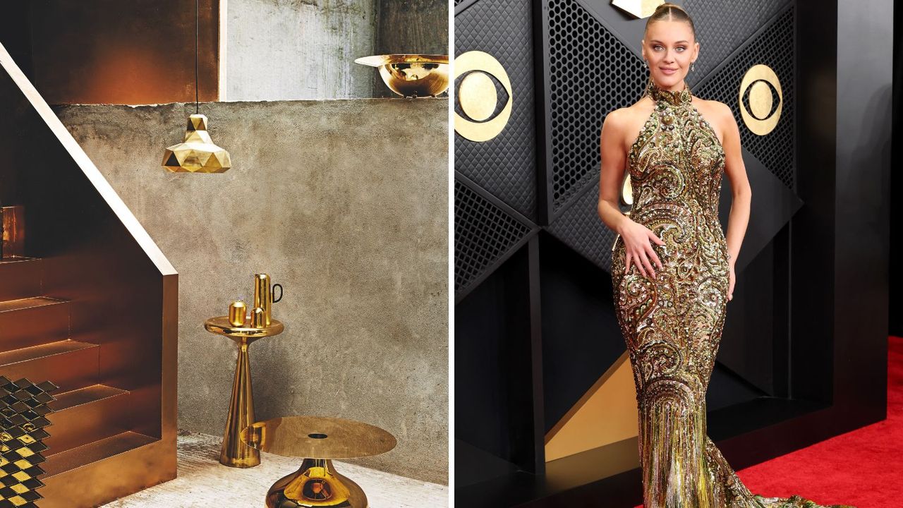 Gold hallway next to red carpet shot of Kelsea Ballerini wearing a gold gown at the Grammys