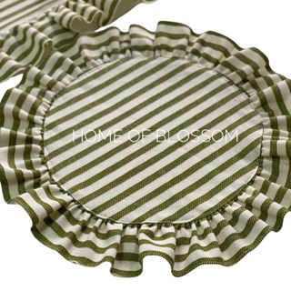 Green Stripe Vintage Linen Placemat With Ruffle, Green Striped Round Linen Placemats, Natural Boho Linen Placemats, Linen Ruffle Tablecloth