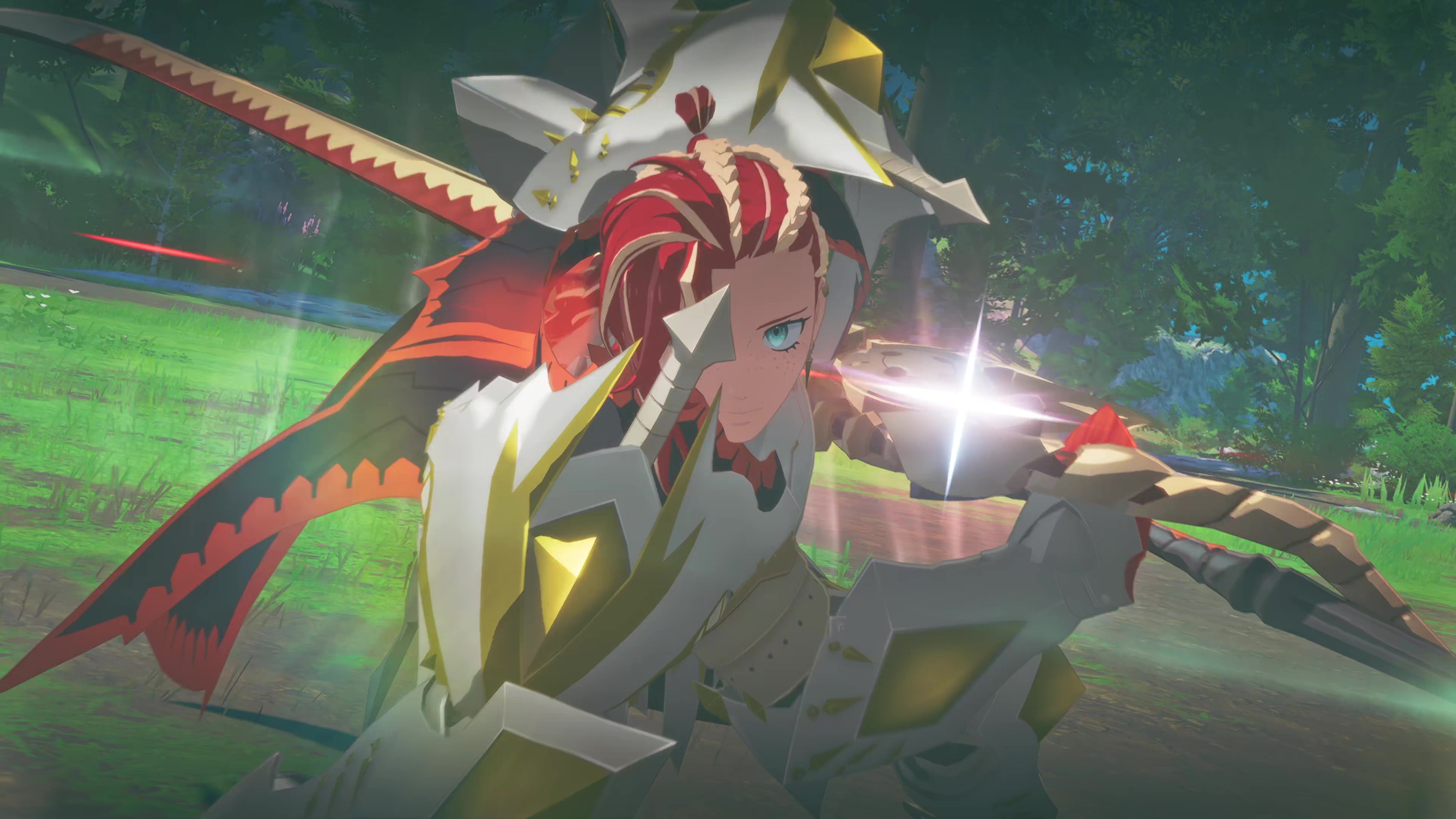 In-game screenshot of the player character preparing a counter-attack with Longsword in Monster Hunter Stories 3: Twisted Reflection.