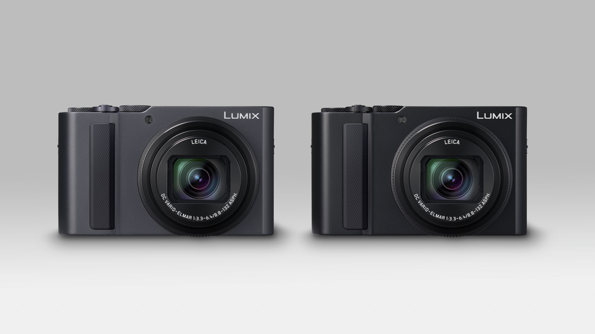 Panasonic Lumix TZ300 travel compact camera in grey and black versions on a plain off-white background