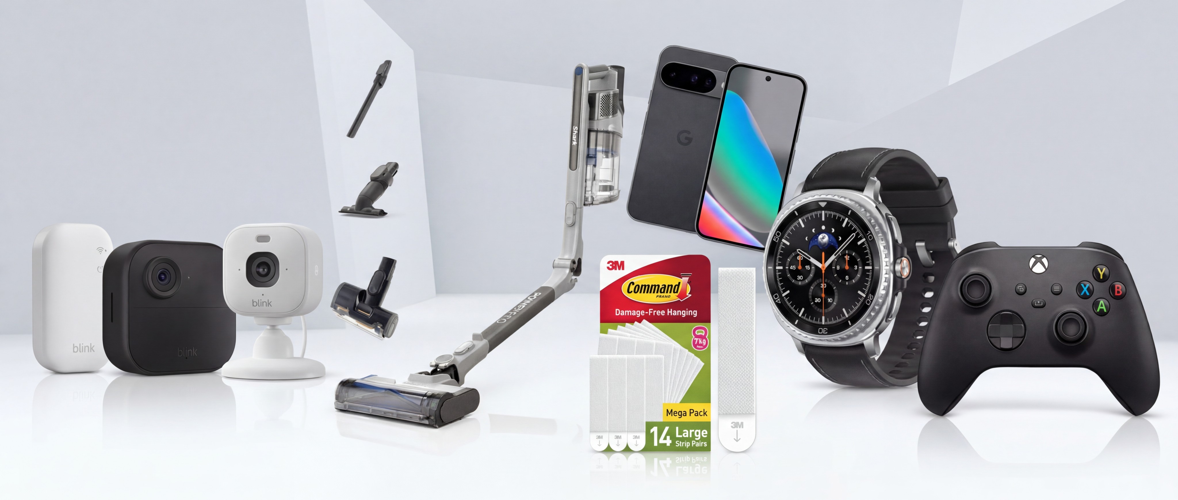 Collage of tech from the Amazon UK weekend sale, including an Xbox controller, Samsung watch, Levoit air purifier and Blink Mini.