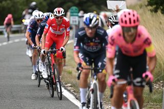 MAESTU PARQUE NATURAL DE IZKI SPAIN SEPTEMBER 05 Ben OConnor of Australia and Team Decathlon AG2R La Mondiale Red Leader Jersey compete in the chase group during the La Vuelta 79th Tour of Spain 2024 Stage 18 a 1798km stage from VitoriaGasteiz to Maestu Parque Natural de Izki UCIWT on September 05 2024 in Maestu Parque Natural de Izki Spain Photo by Tim de WaeleGetty Images