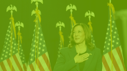 Kamala Harris stands in front of the US flag. The picture is tinted green in reference to Charli XCX&#039;s Brat album