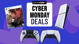 Images of Sony controllers, a PS5 Slim console and a PS5 game on a blue GamesRadar+ background.