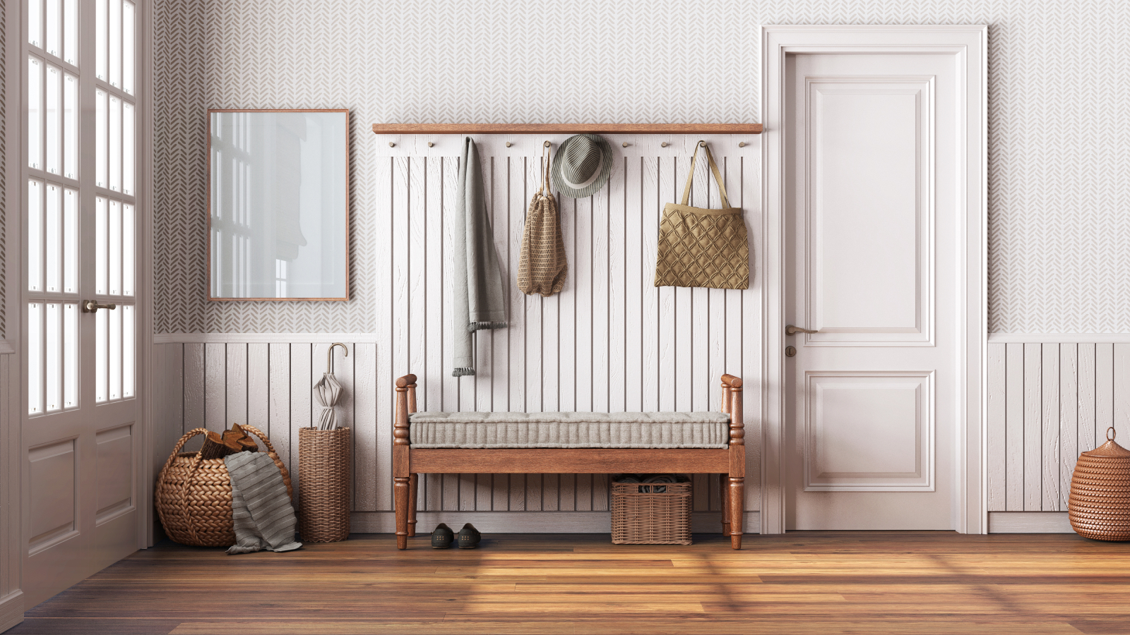 hallway with wall with white tongue and groove wall panelling, wooden floor, hooks and bench