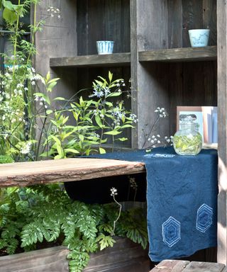 shelves, table and bench made from reclaimed wood