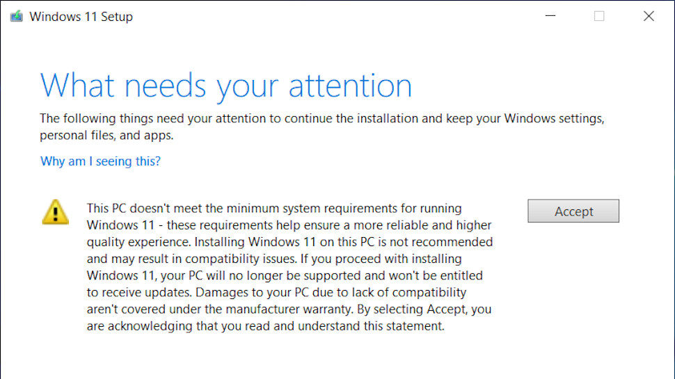 Windows 11 installation warning pop-up