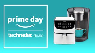 Cosori air fryer and Keurig coffee machine on blue background with Prime Day deals text overlay