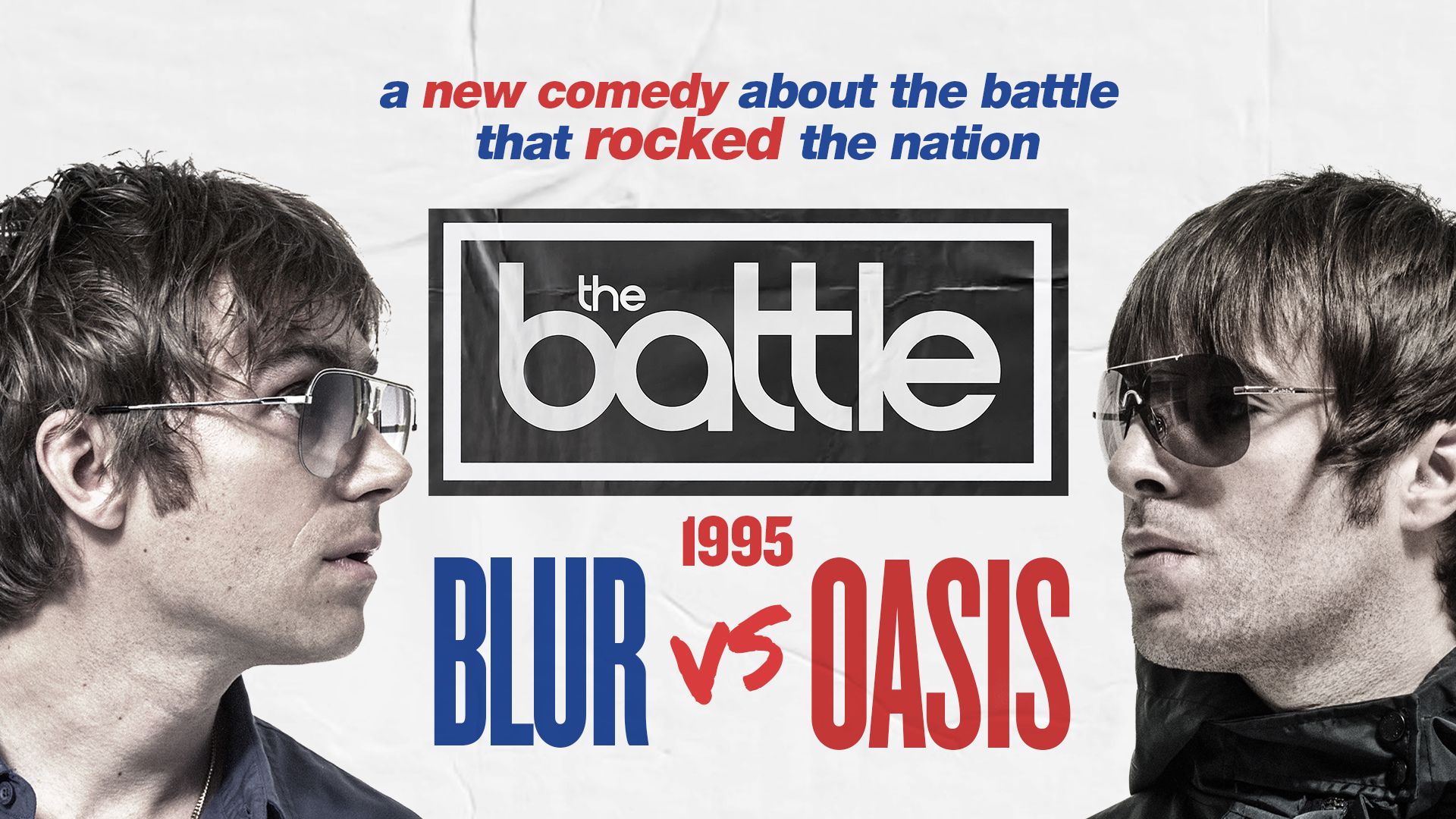 an image of the poster for the play which shows the actors playing the two band leads on opposite sides of the page