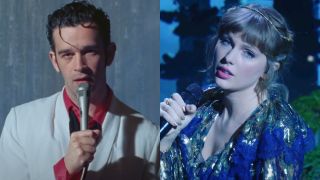 From left to right: Matt Healy in Happiness music video performing with The 1975 and Taylor Swift singing at the Grammys.