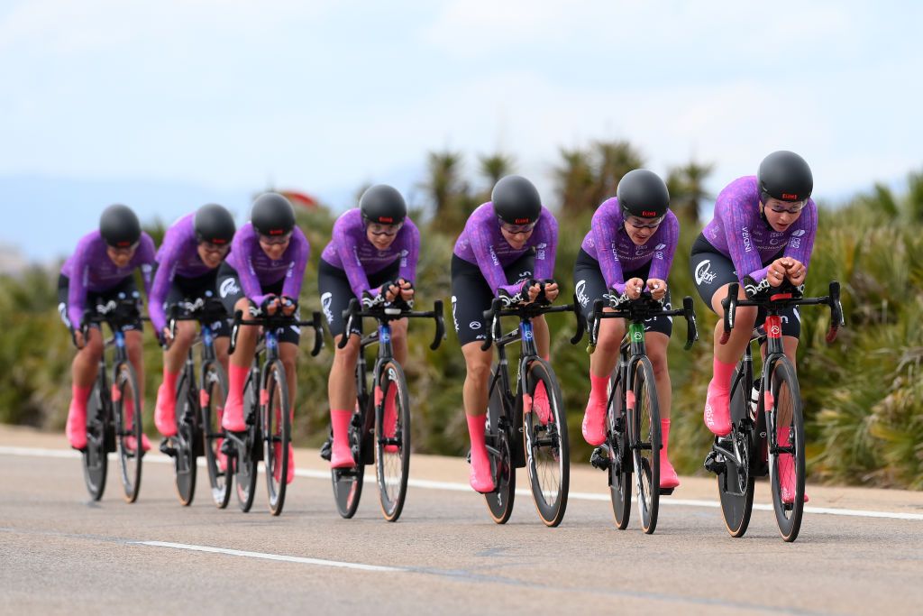 VALENCIA SPAIN APRIL 28 Monica Trinca Colonel of Italy Andrea Casagranda of Italy Selene Colombi of Italy Ana Vitoria Magalhaes of Brasil Nora Jencusova of Slovakia Angela Oro of Italy Beatrice Pozzobon of Italy and Team Bepink Bongioanni sprint during the 10th La Vuelta Femenina 2024 Stage 1 a 16km team time trial from Valencia to Valencia UCIWWT on April 28 2024 in Valencia Spain Photo by Alex BroadwayGetty Images