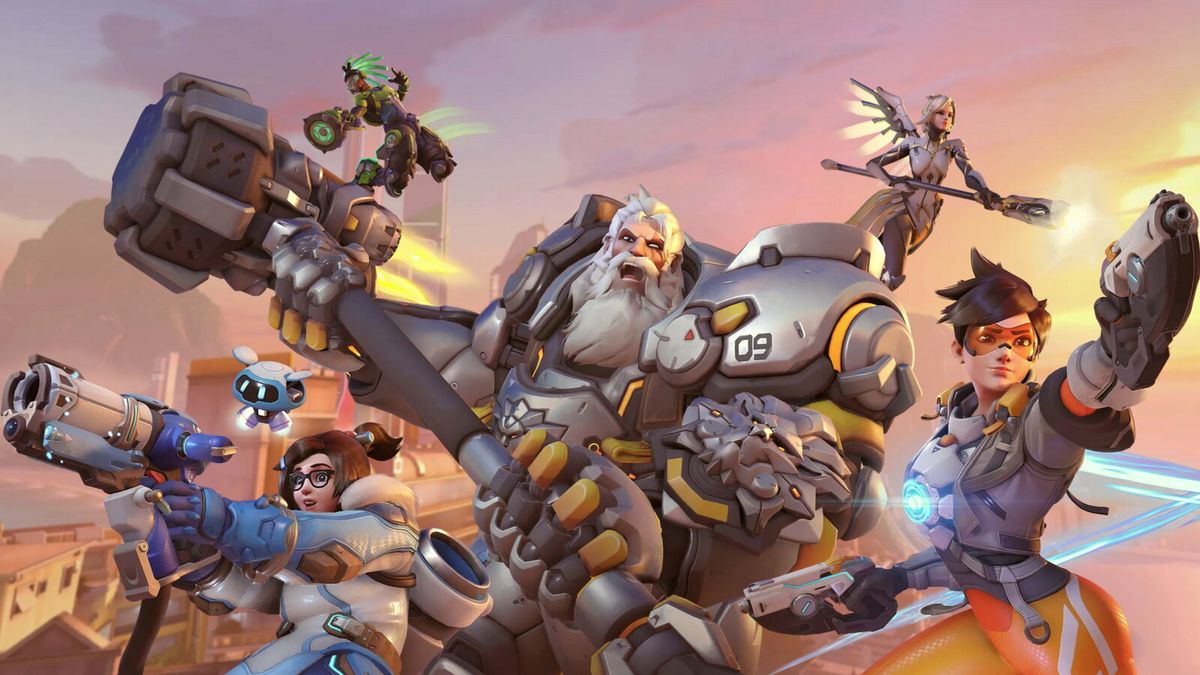 Overwatch heroes fly towards battle