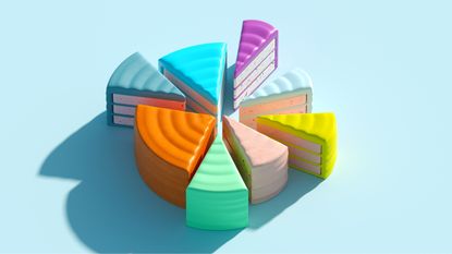 A round plastic cake made of multicolored pieces that are separated.