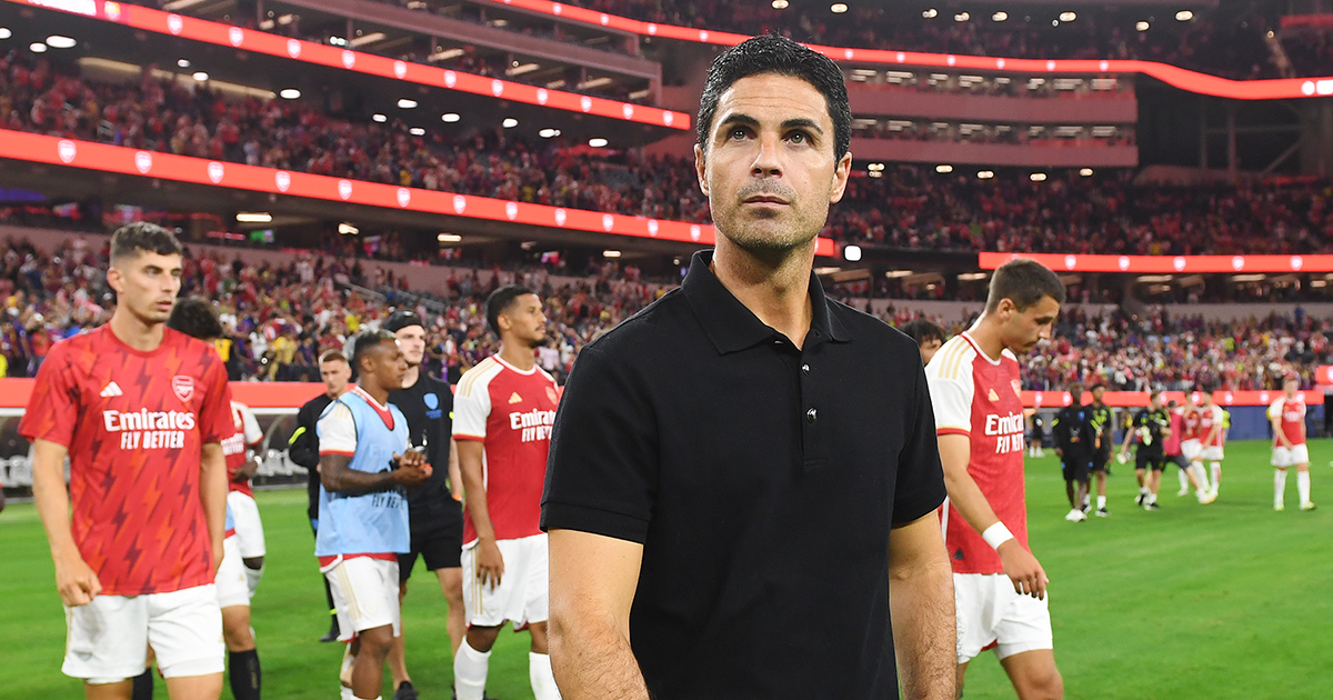 Arsenal manager Mikel Arteta looks on after the Pre-Season Friendly match between Arsenal and FC Barcelona at SoFi Stadium on July 26, 2023 in Inglewood, California