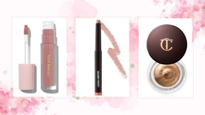 A collage of three of the best cream eyeshadows by charlotte tilbury, laura mercier and rare beauty