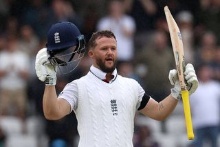 England's Ben Duckett celebrates his century on day five of the first cricket test match between England and India at Headingley cricket ground in Leeds
