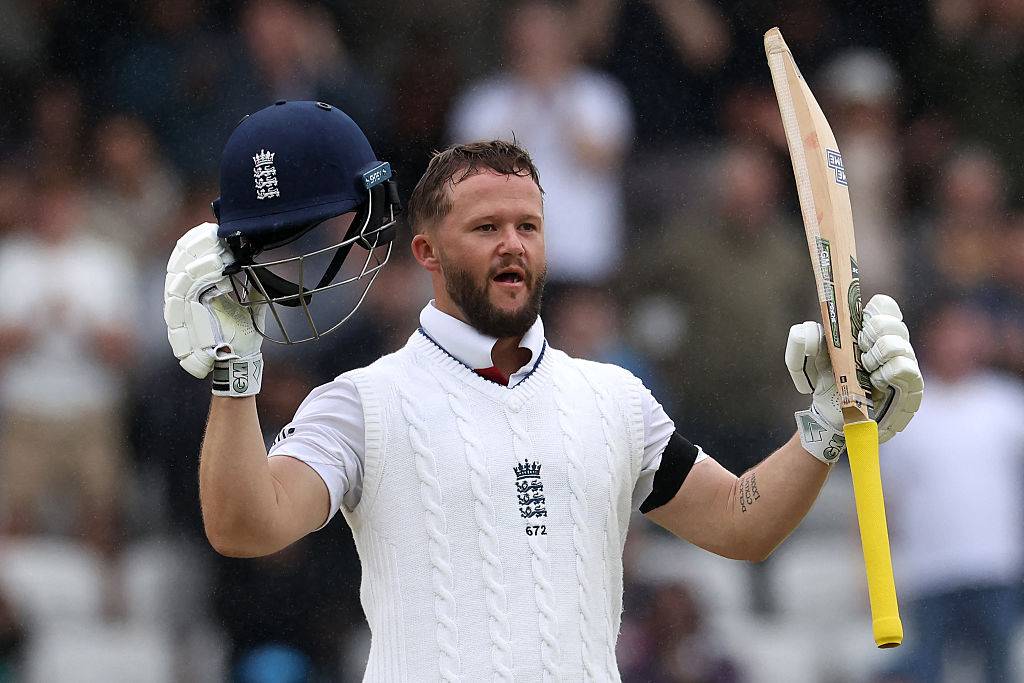 England&#039;s Ben Duckett celebrates his century on day five of the first cricket test match between England and India at Headingley cricket ground in Leeds
