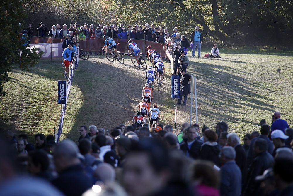 The Elite men's field on course at the 2016 European Cyclo-cross Championships