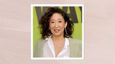 Sandra Oh wears a white shirt and green blazer at the 20th Anniversary Screening of "Sideways" on October 26, 2024 in Westwood, California/ in a pastel pink template